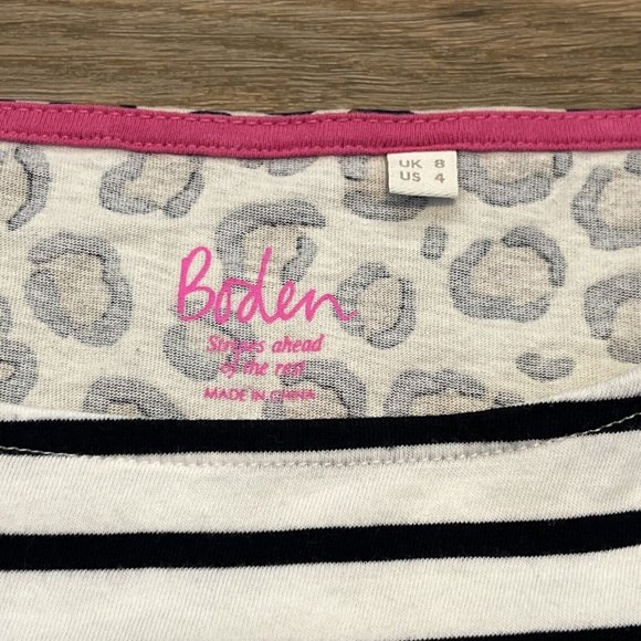 Women's Boden Benton Pocket T Shirt SZ 4 Striped Leopard Print Cotton L/S - Picture 3 of 10